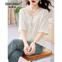BORCHIARL 伯西亚 品牌V领蕾丝拼接短袖衬衫女夏2023新款宽松显瘦洋气别致小衫 米白色 L 115-135斤