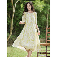 INMAN 茵曼 法式温柔设计感艺术花纹连衣裙F18323076 黄色 XL