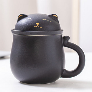 瓷焰陶瓷茶水分离带盖办公杯情侣杯家用招财猫马克杯（支持个性定制）