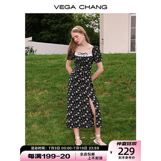 VEGA CHANG碎花连衣裙女夏方领法式小众泡泡袖下摆开叉茶歇裙子 花色（长款） L