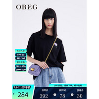 OBEG 欧碧倩23夏新款100%棉时尚前后两穿钉珠刺绣T恤10442098 黑色 155/XS/34