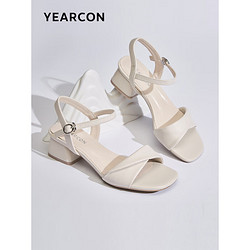 YEARCON 意尔康 女鞋一字带粗跟高跟鞋透气时尚凉鞋26442W 米白 36