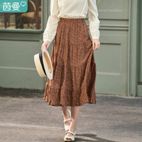 【茵曼奥莱】秋女装复古印花抽褶弹力松紧腰田园半身中长裙伞裙