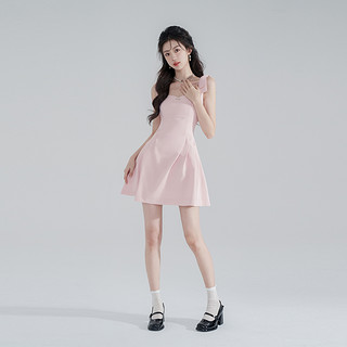 高级感气质粉色连衣裙女夏季新款甜美背带裙方领小个子吊带短裙子