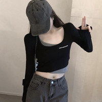 短款假两件女上衣心机设计感打底衫长袖t恤女内搭秋衣2023年新款