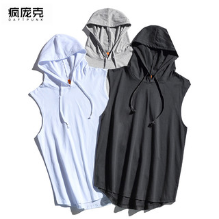 夏季套头连帽运动健身篮球训练坎肩砍袖背心宽松男女无袖t恤帽衫 7416白色 3XL 165-180斤