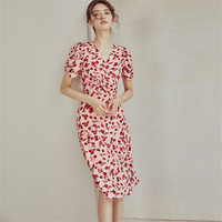 Roey s house oey s house 罗衣魔衣夏装优雅拼接泡泡袖雪纺连衣裙花色褶皱A字裙子抽褶女
