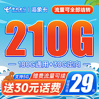 中国电信 海象卡 29元月租（210G全国流量+可结转+可续约）激活送30元