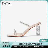 TATA 他她 钻石仙女凉拖鞋一字带女外穿粗高跟鞋2023夏新款6AE01BT3