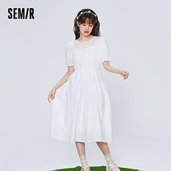 Semir 森马 连衣裙女泡泡袖拼接甜美风时尚2022夏季新款圆领裙子气质百搭