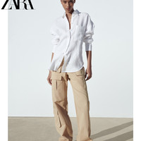ZARA新款 女装 白色纯亚麻面料长袖翻领衬衫 8372036 250