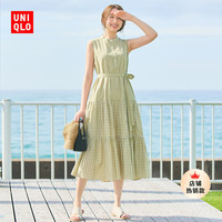 UNIQLO 优衣库 女装 竹节纱格纹无袖连衣裙(打褶 附口袋夏)458233