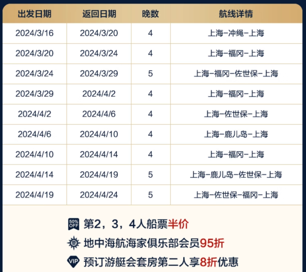上海出发：早鸟首发，第2人起享船票半价！MSC地中海邮轮荣耀号 日本4晚/5晚春季航线