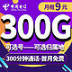  中国电信 长山卡 9元月租（300G纯通用流量+300分钟通话）　