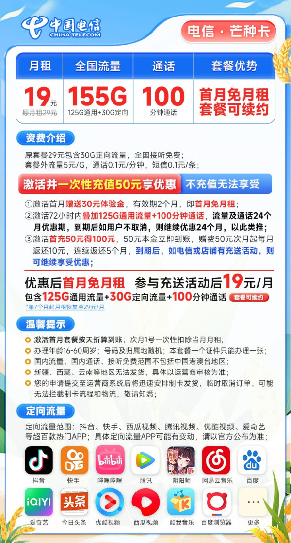 CHINA TELECOM 中国电信 芒种卡 19元月租（155G全国流量+100分钟通话+流量通话长期有效）送30话费