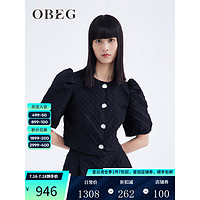 OBEG 欧碧倩23夏新款复古名媛立体提花料泡泡袖衬衫10442077 黑色 155/XS/34