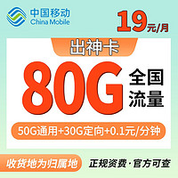 Liantong 联通 出神卡 19元月租（50G通用流量+30G定向流量）激活返20元现金