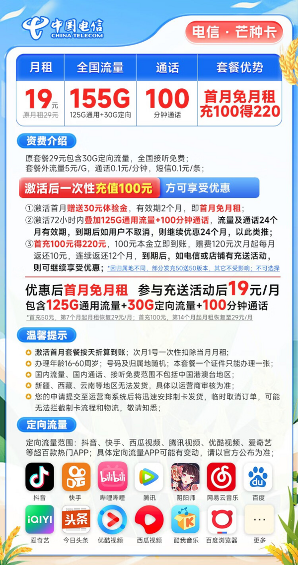 CHINA TELECOM 中国电信 芒种卡 19元月租（155G全国流量+100分钟通话）