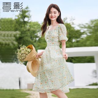 香影 X.YING2023夏季新款简约小清新泡泡袖高腰方领裙碎花雪纺连衣裙女