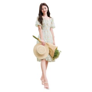 香影 X.YING2023夏季新款简约小清新泡泡袖高腰方领裙碎花雪纺连衣裙女