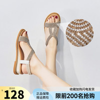 ZHR2023年夏季新款坡跟凉鞋真皮软底松紧带中跟水钻爆款坡跟女鞋