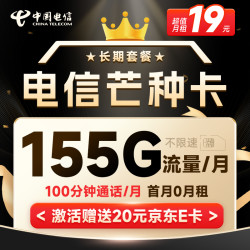 CHINA TELECOM 中国电信 芒种卡 19元月租（155G全国流量+100分钟通话+流量通话长期可续）激活赠送20元E卡~