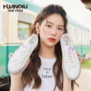 环球 HUANQIU2022年春秋季新款百搭休闲低帮帆布鞋女花朵小白鞋女鞋子潮 309白粉 39