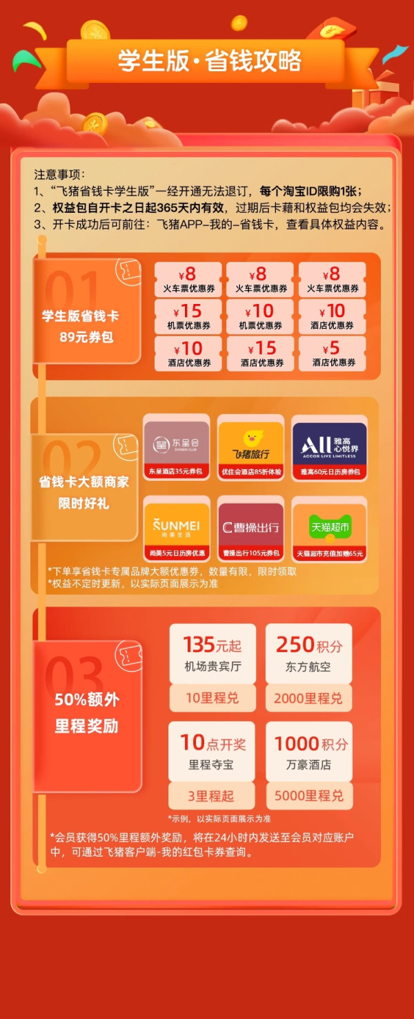 飞猪学生版省钱卡 含8元火车票优惠券