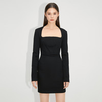 秋季黑色方领高收腰修身短裙子女士牛仔连衣裙 XXXL 黑色