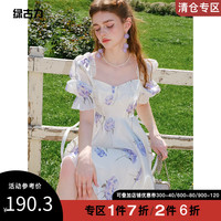绿古力法式小个子连衣裙女夏季新款甜美泡泡袖A字收腰蓬蓬碎花裙