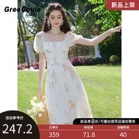 绿古力茶歇法式碎花连衣裙2023夏季新款温柔显瘦方领雪纺仙女裙