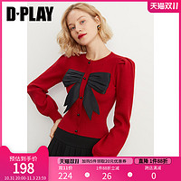 DPLAY2022年甜美可爱撞色立体蝴蝶结装饰圣诞红色毛衣圆领针织衫 经典黑长袖小衫 XL