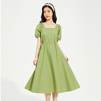 2023年夏新款法式方领连衣裙显瘦学院风裙子 S 绿色