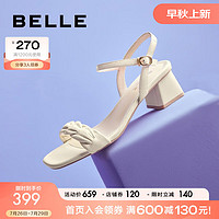 BeLLE 百丽 编织一字带凉鞋女2023夏季新商场同款羊皮粗跟凉鞋3Z130BL3 米色 37