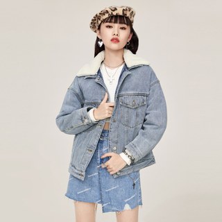 A21女装毛绒翻领牛仔外套2021秋冬新款小众宽松少女印花夹棉外套 L 蓝白