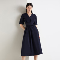 早春 V领收腰棉质长裙复古优雅短袖连衣裙 XL 深蓝