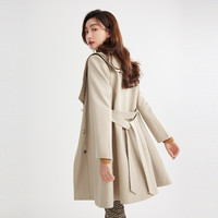 2022年春季新款风衣女中长款简约休闲撞色小翻领收腰梭织外套 M 卡其色