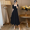 法式方领连衣裙女2023新款夏泡泡袖修身显瘦a字裙气质高级感 M 黑色（收藏品牌，活动优先知）