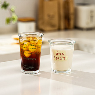 摩登主妇 高档精致玻璃咖啡杯ins水杯子家用透明冰美式dirty拿铁杯 红 BON字母翻口杯 （350ml）