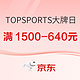 促销活动：京东TOPSPORTS燃动大牌日，满300立享65折，叠券满1500-640元~