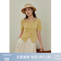 DUSHU 独束 大码女装镂空设计感多色V领T恤女夏装百搭简约微胖mm气质上衣 布丁黄 XL