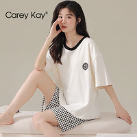 Carey Kay睡衣女春夏短袖圆领大码甜美可爱风护肤女士家居服套装可外穿 双短灰笑脸 L