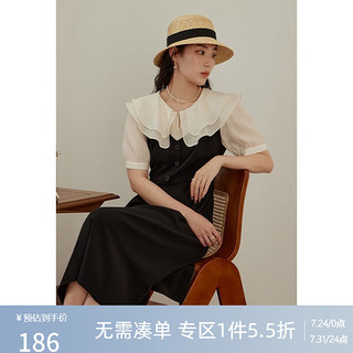 DUSHU 独束 大码女装法式茶歇娃娃领连衣裙女夏装微胖mm裙子 芝麻黑 L