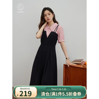 DUSHU 独束 大码女装假两件拼接休闲撞色连衣裙夏季微胖mm高腰显瘦小黑裙 粉墨色 XL