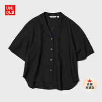 优衣库 女装 麻混纺开领衬衫(宽松 23春夏 短袖衬衣)455752UNIQLO