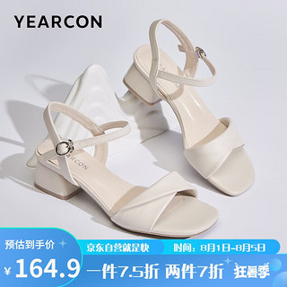YEARCON 意尔康 女鞋一字带粗跟高跟鞋透气时尚凉鞋26442W 米白 37