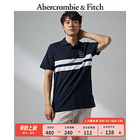 ABERCROMBIE & FITCH男装 美式复古刺绣徽章Logo翻领条纹拼色短袖Polo衫 326002-1 海军蓝 XS (170/84A)