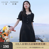3COLOUR 三彩 大码女装2023夏季新款法式优雅淑女连衣裙方领开叉中长裙胖MM 黑色 L