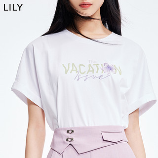 LILY2022夏新款女装设计感浪漫钉珠舒适抗皱米白色短袖圆领T恤 604米白 S