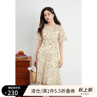 独束大码女装重工法式复古蕾丝盘绣连衣裙夏装新款微胖mm碎花裙子 米色 XL